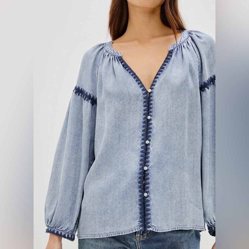 Rails Toshi Embroidered Blouse Small Blue Cloud Wash Lyocell Whipstitch Top